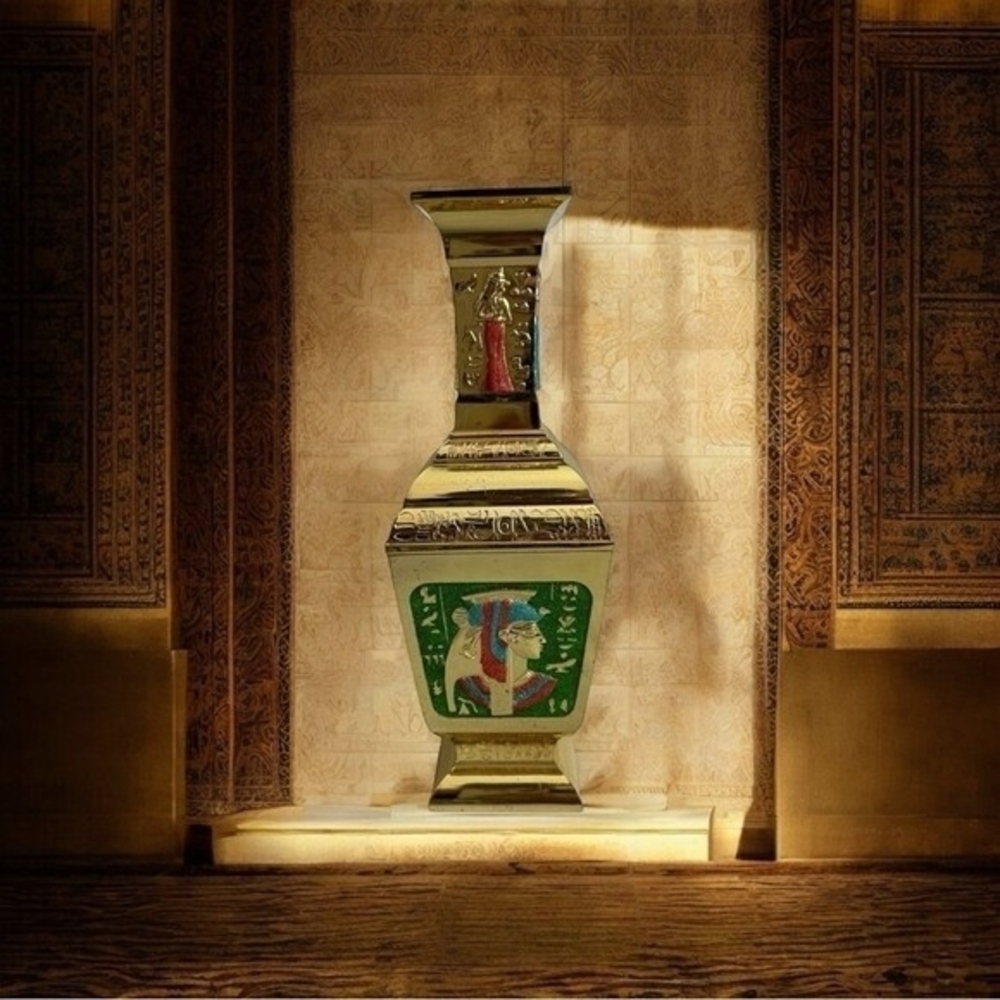 Vintage Egyptian Gold Tone Metal Vase 9.5" Embossed Pharaoh Design Collectible